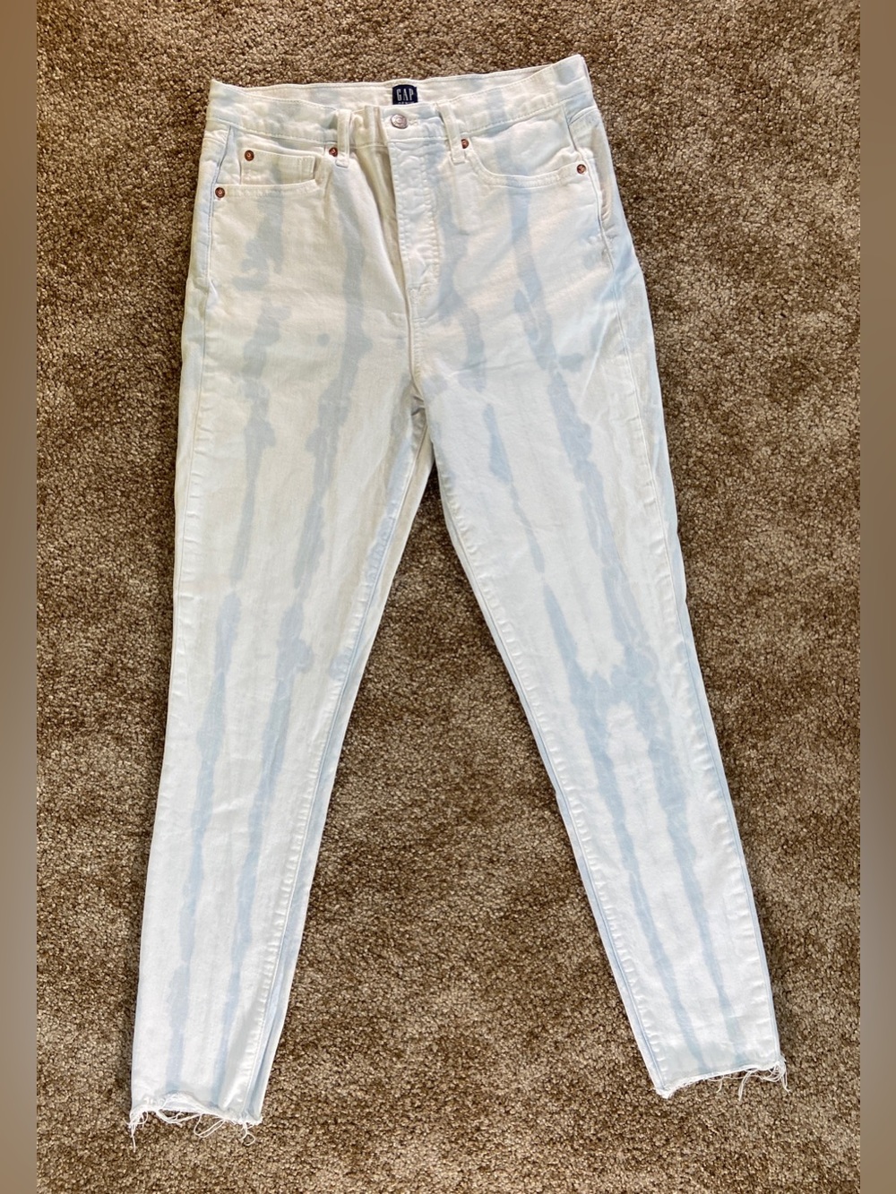 GAP True Skinny Jeans 8/29 Tall White & Blue Tie Dye High Rise Raw Hem Stretch